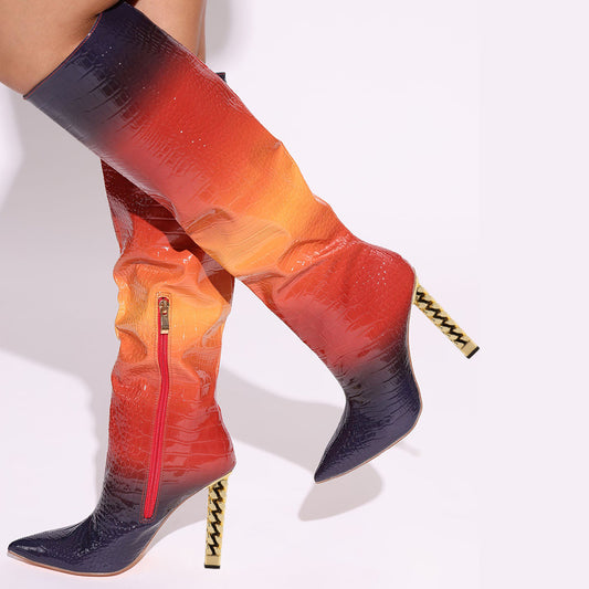 Women's Gradient Croco Embossed Decorative Heel Knee High Boots