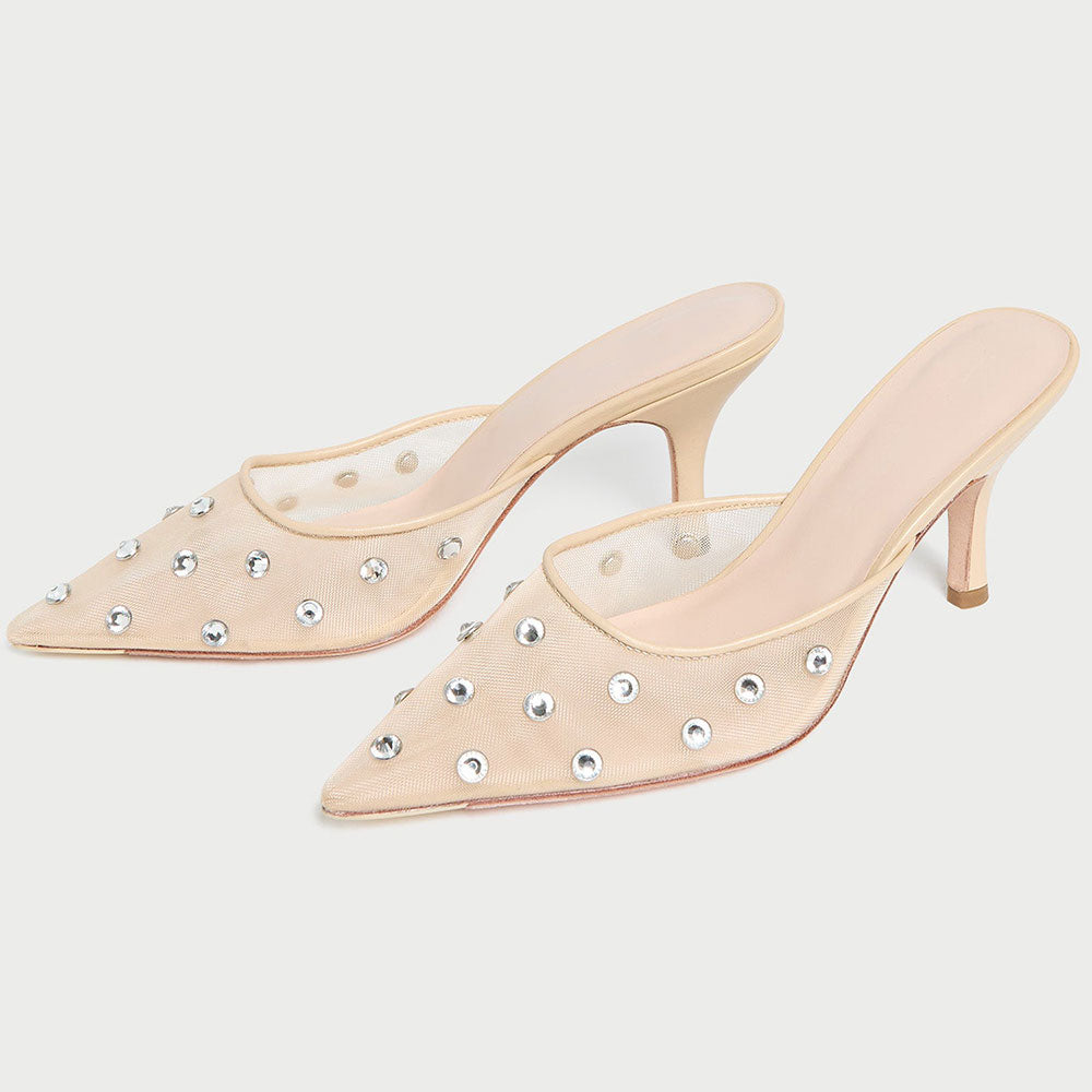 Beige Mesh Slip-On Pointed Toe Rhinestone Embellished Heeled Mules