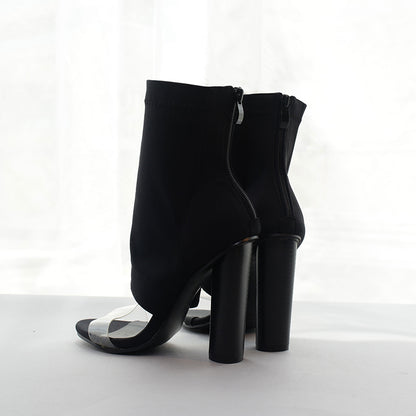 Black Transparent Band Open Toe High Heel Ankle Boots