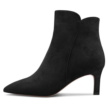 Black Pointed Toe Kitten Heel Ankle Boots for Women with Zip Up