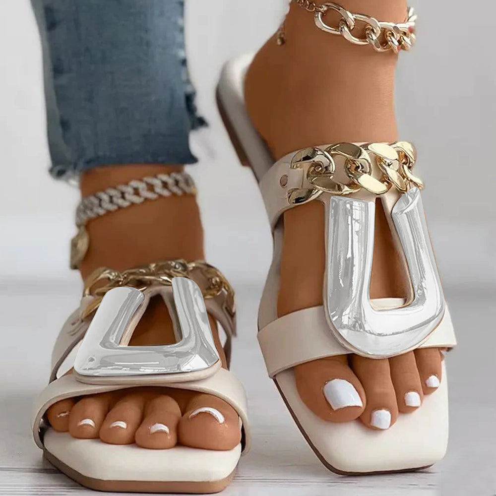 White Square Toe  U-shaped Chain Decor Flats Mules