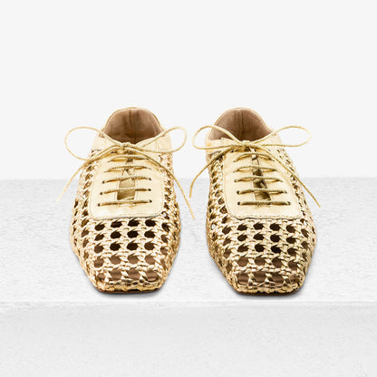 Vegan leather Square Toe Woven Flats Lace-Up Shoes in Gold