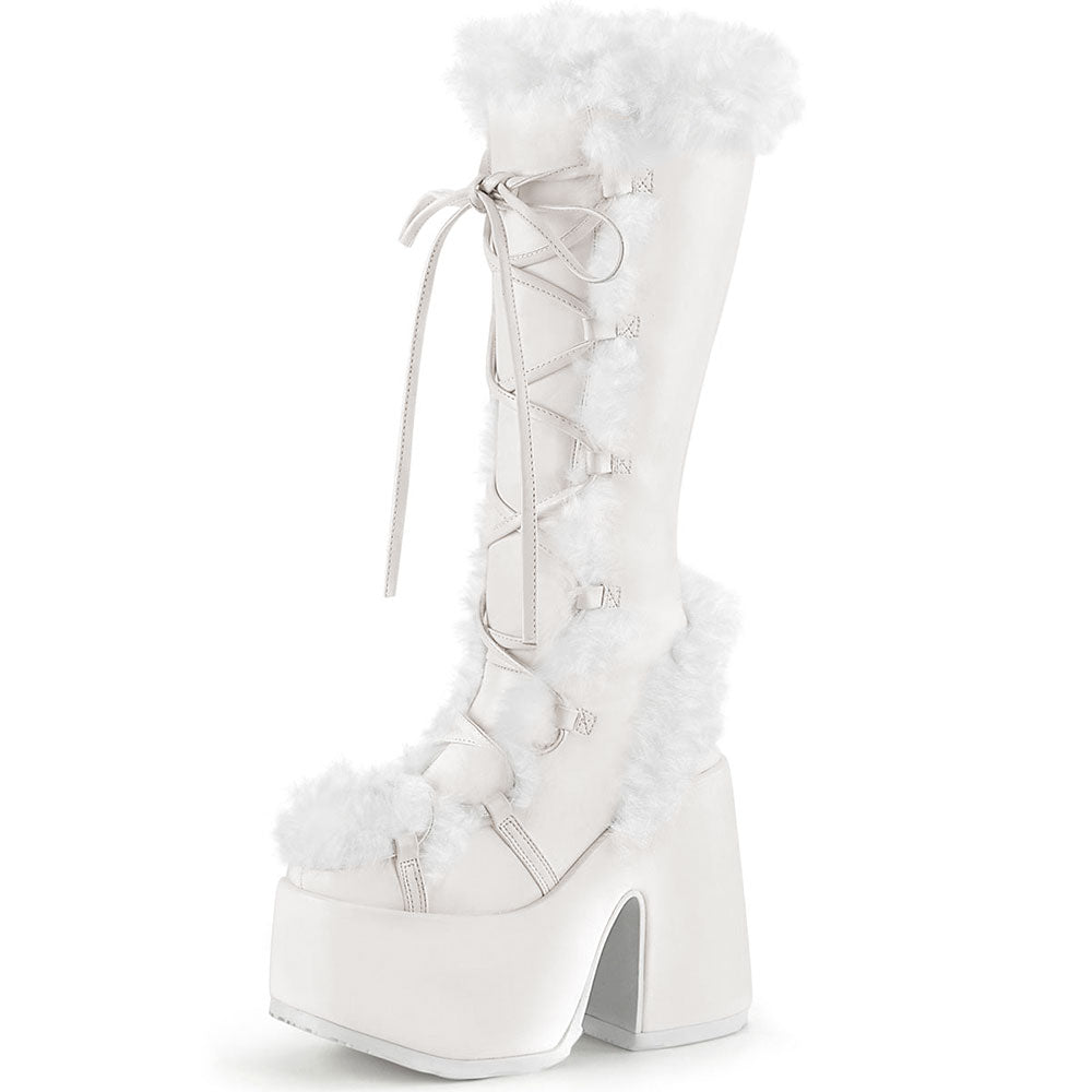 White Lace-Up Faux Fur Round Toe Block Heel Platform Knee High Boots