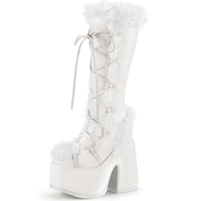 White Lace-Up Faux Fur Round Toe Block Heel Platform Knee High Boots