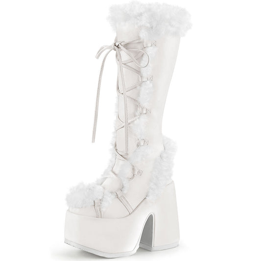 White Lace-Up Faux Fur Round Toe Block Heel Platform Knee High Boots