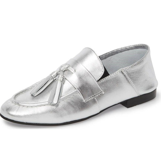 Silver Metallic Tassels Closed-Toe Flats Business Casual Female Shoes