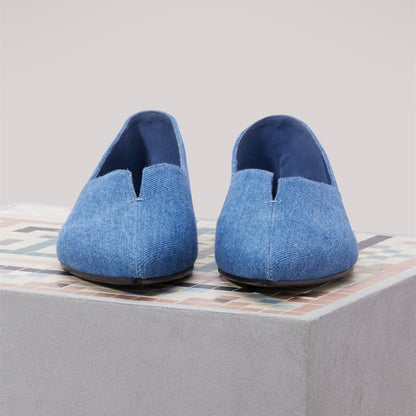 Blue Closed Toe Notched Casual Denim Flats for Women