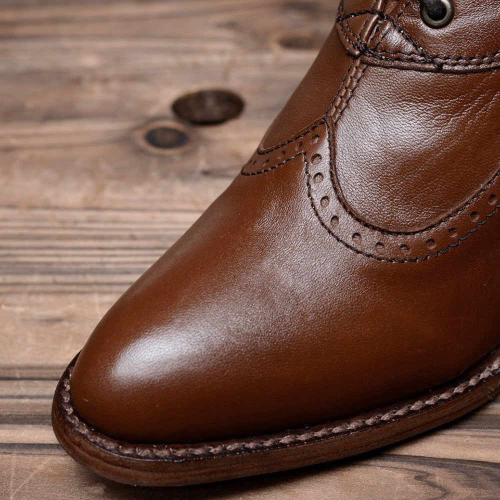 Brown Lace-Up Almond Toe Spool Heel Mid Calf Boots for Women