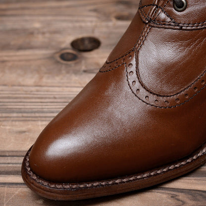 Brown Lace-Up Almond Toe Spool Heel Mid Calf Boots for Women