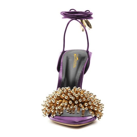 Ankle Strap Stiletto High Heel Beaded Purple Dress Sandals for Women