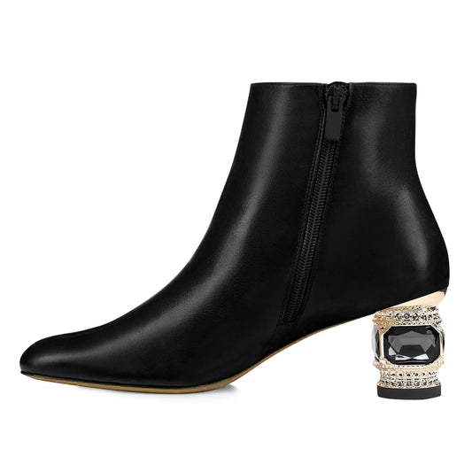 Black Pointed Toe Decorative Heel Side-Zip Shiny Elegant Ankle Boots