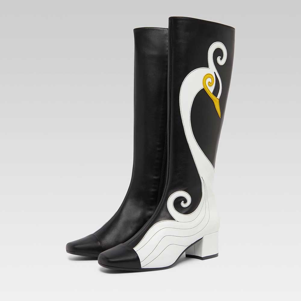 Black & White Square Toe Swan Patchwork Heeled Knee High Boots