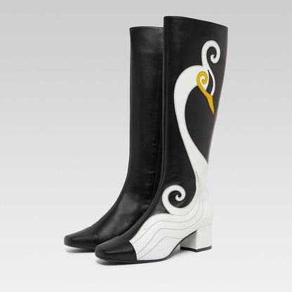 Black & White Square Toe Swan Patchwork Heeled Knee High Boots