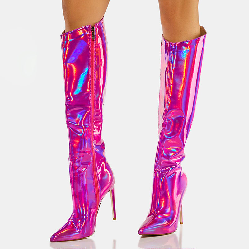 Pink Iridescent Pointed Toe Stiletto Heel Knee High Boots for Women