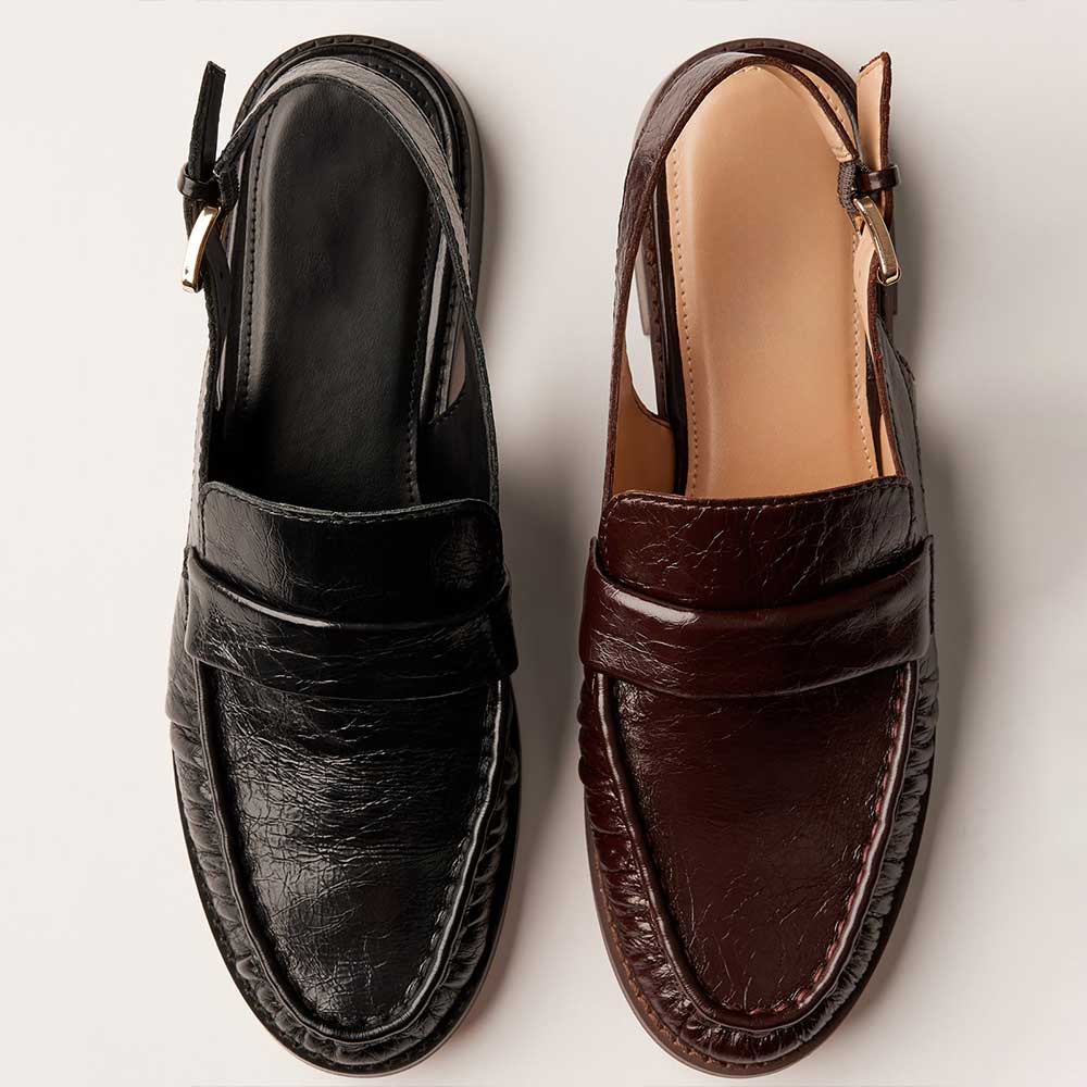 Black Vegan Leather Round Toe Flat Buckled Slingback Formal Loafers