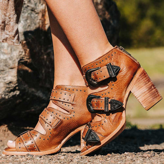 Vegan Leather Buckle-Strap Studded Back-Zip Ankle Boots in Brown