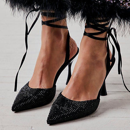 Women's Pointed Toe Strappy Rhinestone Black Pumps with Spool Heels