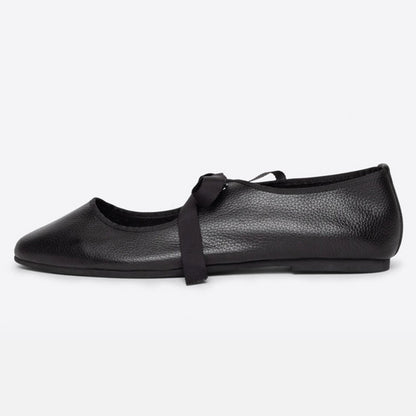 Black Vegan Leather Closed-Toe Lace-Up Comfy Ballet Flats