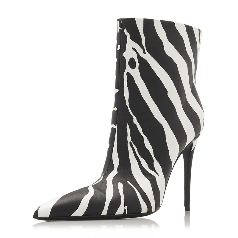 Black & White Zebra Print Pointed Toe Stiletto Heel Ankle Boots