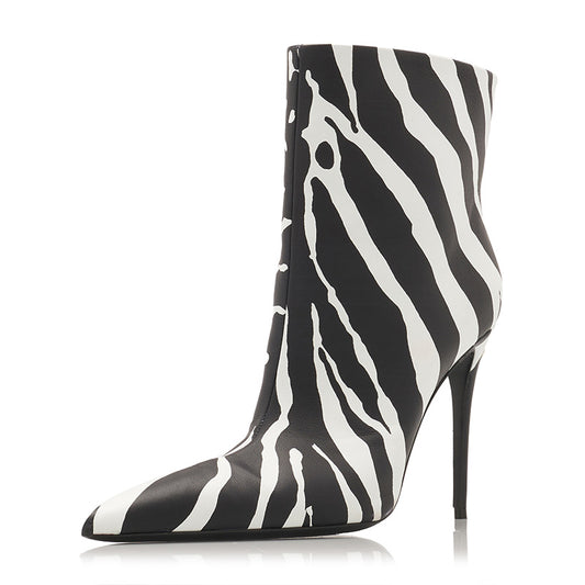 Black & White Zebra Print Pointed Toe Stiletto Heel Ankle Boots