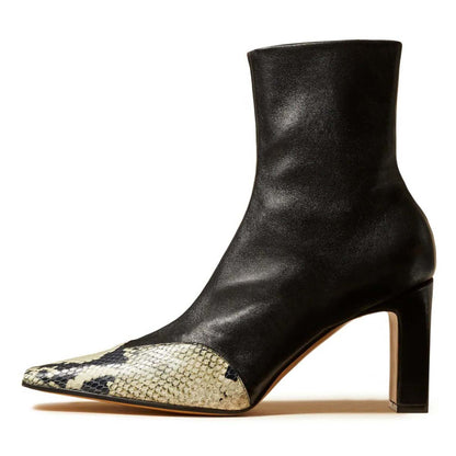 Black Python Print Block Heel Square Toe Ankle Boots with Zipper