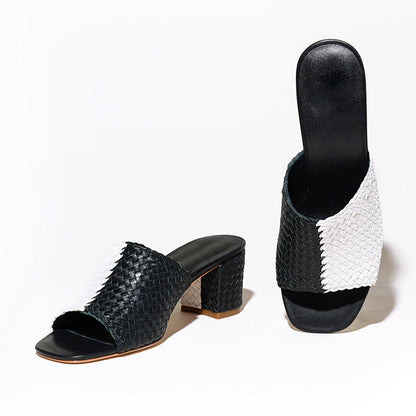 Black & White Woven Square Toe Block Heel Mules Sandals for Women