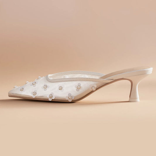 Women's White Mesh Pearl Flower Kitten Heel Pointy Toe Mules Shoes