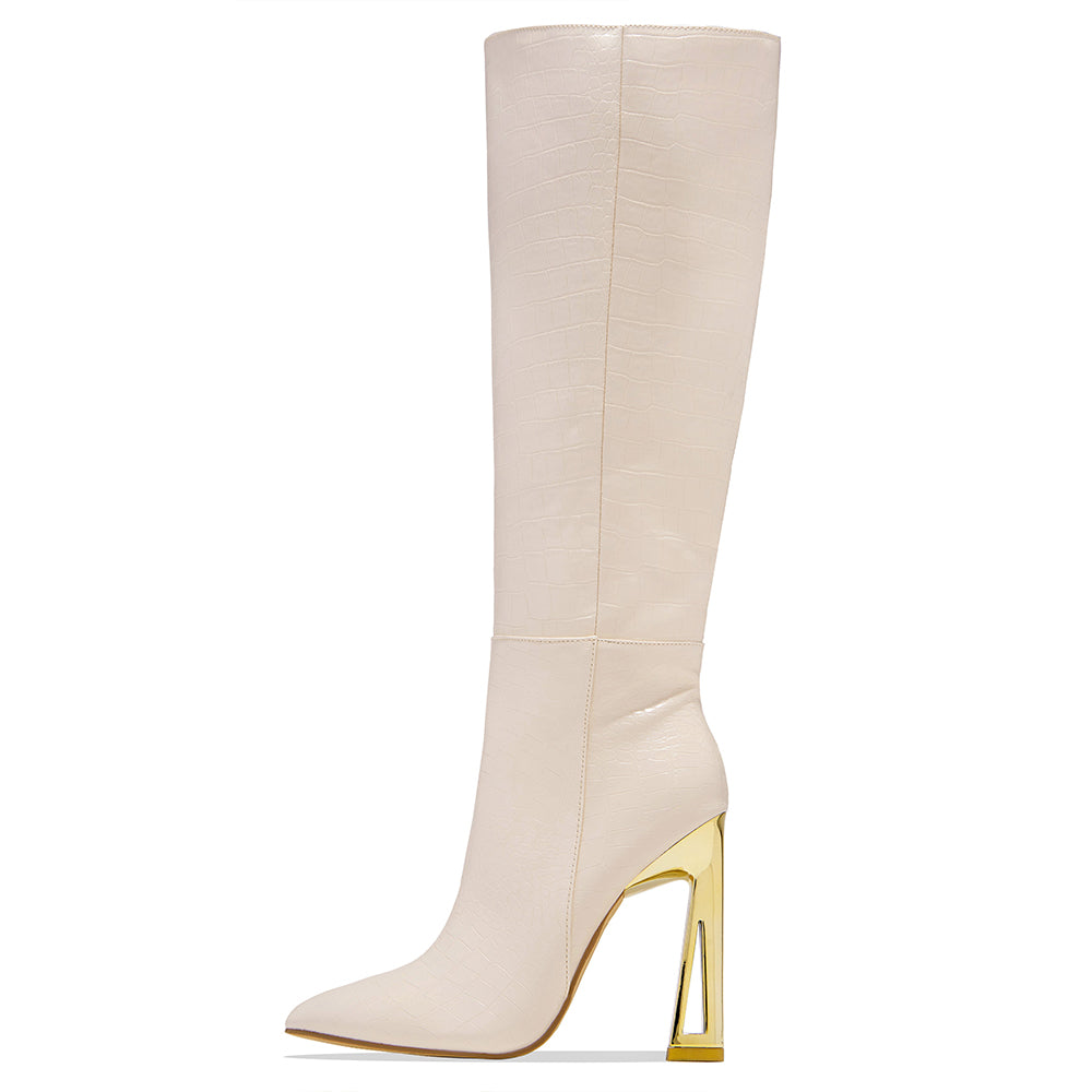 Trendy White Croco Embossed Sculptural Heel Knee High Boots