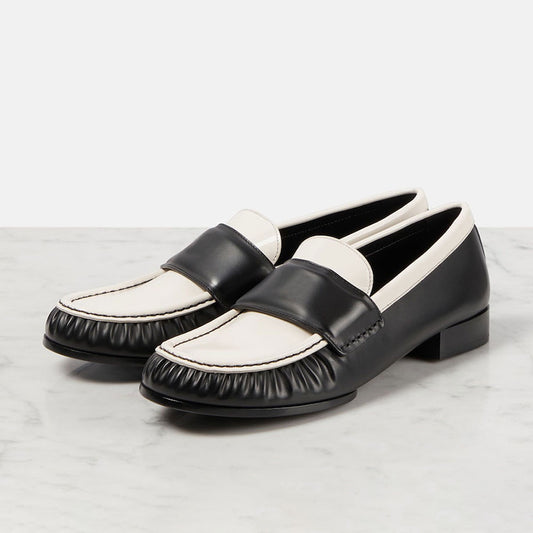 Stylish Black & White Round Toe Pleated Flat Women's Loafers