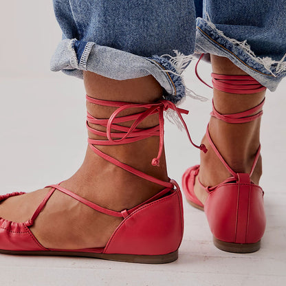 Red Violet Round Toe Side Cut-Out Lace Up Ballet Flats