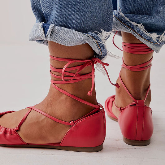 Red Violet Round Toe Side Cut-Out Lace Up Ballet Flats