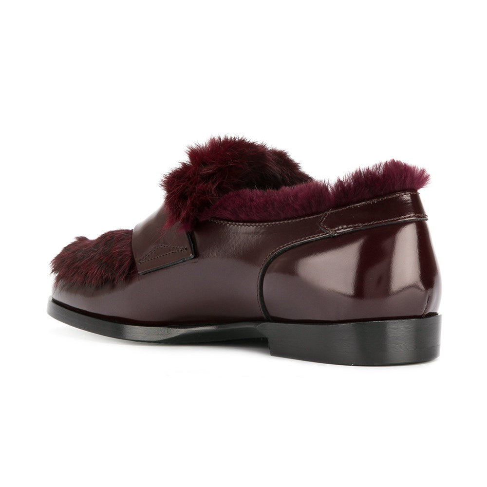 Burgundy Patent Leather Round Toe Faux Fur Flat Women's Loafers