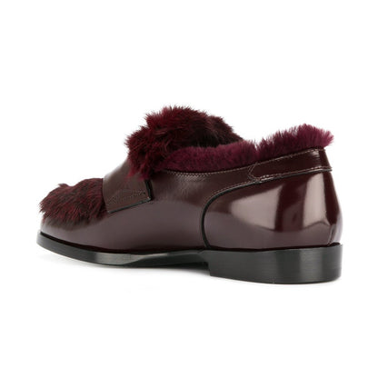 Burgundy Patent Leather Round Toe Faux Fur Flat Women's Loafers