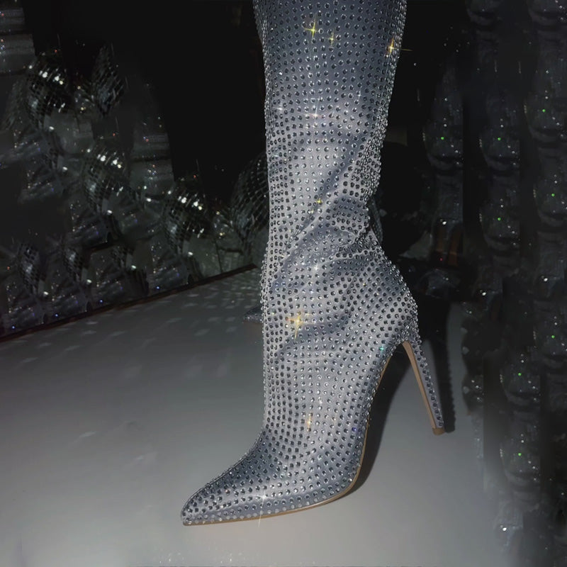 Silver Satin Pointed Toe Stiletto Heel Rhinestone Knee High Boots