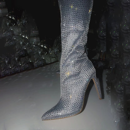 Silver Satin Pointed Toe Stiletto Heel Rhinestone Knee High Boots