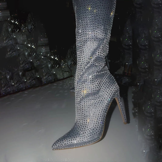 Silver Satin Pointed Toe Stiletto Heel Rhinestone Knee High Boots