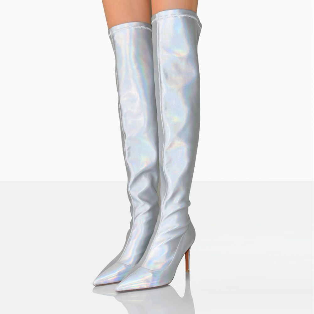 Women's Silver Pointed Toe Holographic Over-the-Knee High Heel Boots