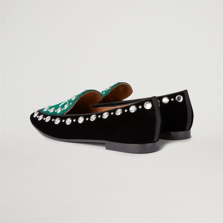 Green and Black Rhinestone Decor Flat Women's Loafers