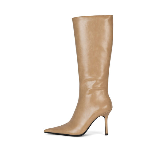 Tan Pointed Toe Stiletto Heel Pull-On Wide Calf Knee High Boots