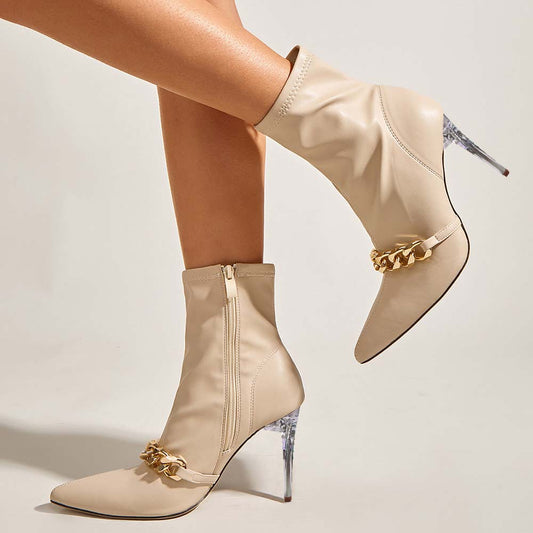 Beige Pointed-Toe Metal Chain Decorated Ankle Boots with Clear Heel