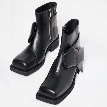 Black Square Toe Side-Zipper Ankle Boots with Front Twisted Knot