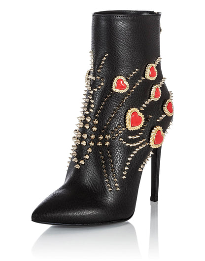 Black Pointed Toe Red Heart Studded Stilettos Ankle Boots with Zipper