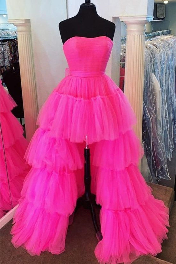 PM032,Hot pink tulle prom dresses strapless high low evening formal dress