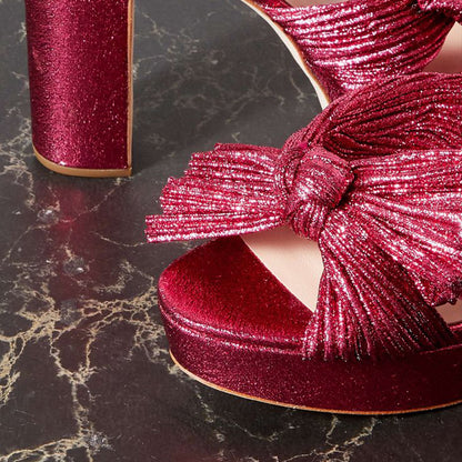 Women's Hot Pink Glitter Heels Peep Toe Ruched Bow Platform Sandals