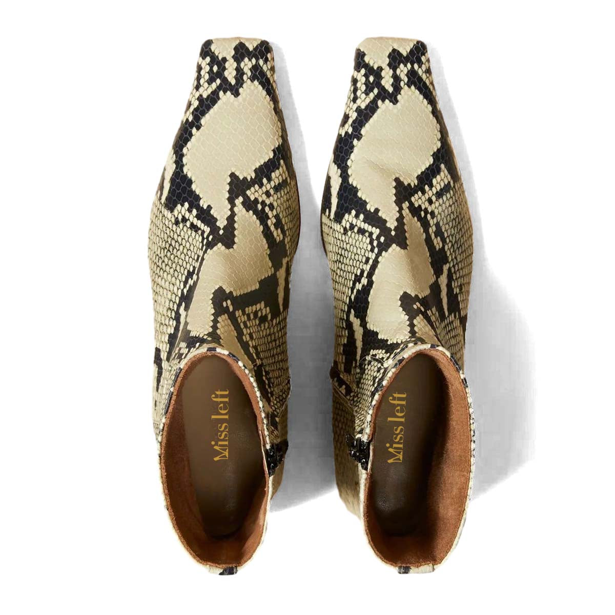 Beige & Black Snake Embossed Square Toe Zipper Low Heel Ankle Boots