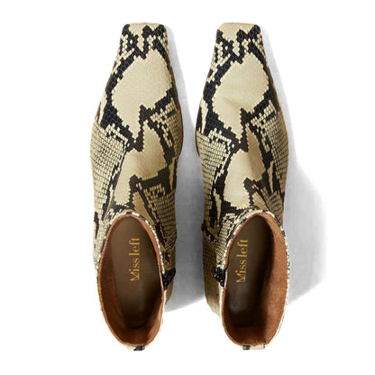 Beige & Black Snake Embossed Square Toe Zipper Low Heel Ankle Boots