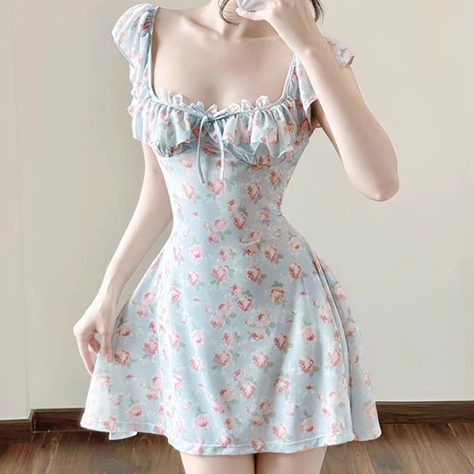 Cute Light Blue Floral Square-neck A-Line Short Summer Dresses Party Dress Homecoming Dress TP4341