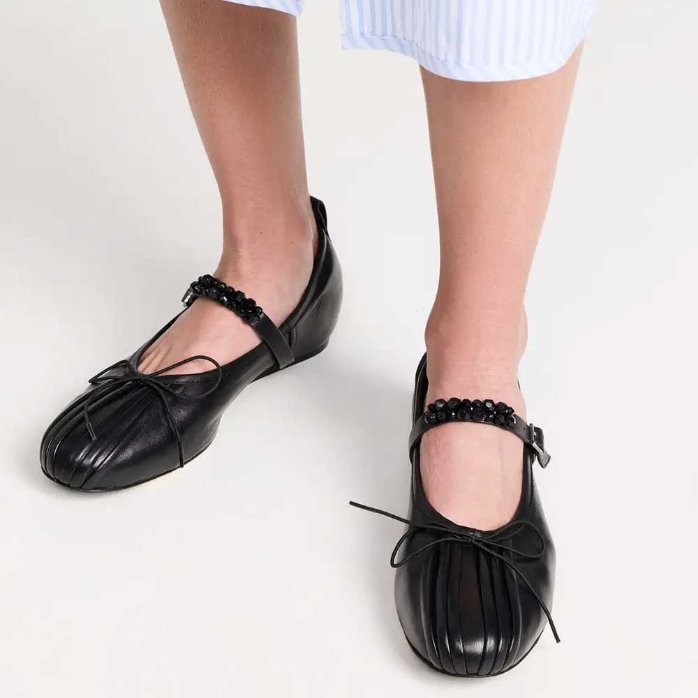 Black Bow Pleated Round Toe Ballet Flats with Beaded Buckle Strap