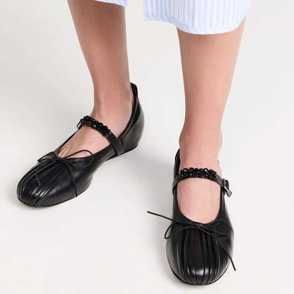 Black Bow Pleated Round Toe Ballet Flats with Beaded Buckle Strap