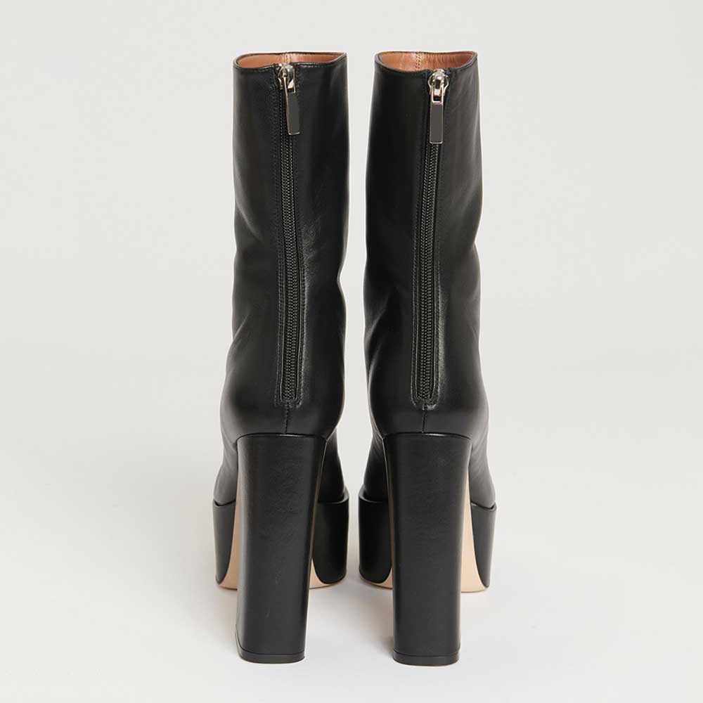 Black Round Toe Block Heel Platform Ankle Boots with Back Zip